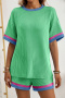 casual non-stretch contrast color crew neck shorts sets_Pink_Magenta_Green