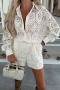 holiday slight stretch lace cut out long sleeve blouse&shorts two piece set_White