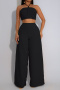 stylish plus size non-stretch shirring design top high waist wide-leg pants set_Black