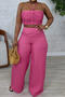 stylish plus size non-stretch shirring design top high waist wide-leg pants set_Black_Pink