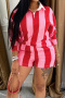 casual plus size slight stretch 5-colors stripe print long sleeve top shorts set_Black_Red