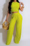 casual plus size high stretch solid color high waist wrinkle fabric pants set_Black_Yellow_Light Green