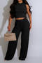 casual plus size high stretch solid color high waist wrinkle fabric pants set_Black