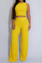 casual plus size high stretch solid color high waist wrinkle fabric pants set_Black_Yellow