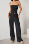 casual plus size stretch solid color tube top slit drawstring vest pants set_Black