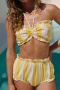 sexy non-stretch striped drawstring tube top halter neck crop top shorts set_Yellow