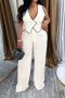 casual plus size non-stretch contrast color vest and pants set_Black_White