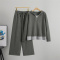 casual slight stretch knitted fake two-piece hooded sweater pants set_Dark Gray