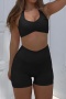 stylish slight stretch 6 colors halter-neck crop vest & shorts set_Black