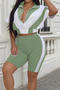 casual plus size slight stretch contrast color short sleeve top shorts set_Black_Pink_Magenta_Green