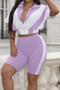 casual plus size slight stretch contrast color short sleeve top shorts set_Black_Pink_Magenta_Green_Light Purple