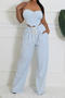 stylish plus size non-stretch slim fit tube top crop vest high waist pants set_Light Green_Sky Blue