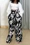 casual plus size non-stretch printed crop top high waist wide leg pants set_White