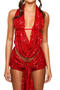 sexy slight stretch sequin decor swing collar halter-neck vest & shorts set_Pink_Red