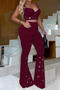 stylish plus size slight stretch solid color sling crop vest flared pants set_Black_Rose Red