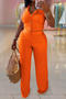 casual plus size stretch wrinkle fabric halter neck backless vest pants set_Black_White_Yellow_Orange