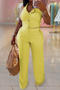casual plus size stretch wrinkle fabric halter neck backless vest pants set_Black_White_Yellow