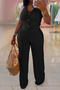 casual plus size stretch wrinkle fabric halter neck backless vest pants set_Black