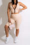 casual slight stretch slim fit zip-up hooded vest pleated shorts set_Khaki