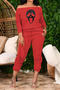 casual plus size high stretch one-shoulder skull print pants set_Gray_Red