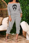 casual plus size high stretch one-shoulder skull print pants set_Gray