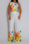 casual plus size slight stretch floral print one-shoulder crop vest pants set_Pink_Yellow