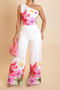 casual plus size slight stretch floral print one-shoulder crop vest pants set_Pink