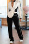 casual plus size slight stretch contrast color zip-up cardigan pants set_Black