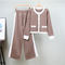 casual slight stretch contrast color knitted cardigan straight-leg pants set_Black_Green_Khaki