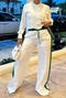 casual plus size slight stretch contrast color high waist wide leg pants set_White