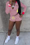 casual plus size slight stretch contrast color embroidery letter slim shorts set_Pink