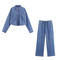 casual non-stretch denim lapel drawstring loose pants sets_Blue