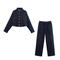 casual non-stretch denim lapel drawstring loose pants sets_Blue_Dark Blue
