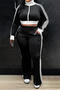 casual plus size slight stretch 5-colors striped crop top high-waist pants set_Black