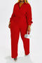 casual plus size slight stretch solid color wrinkle fabric high-waist pants set_Black_White_Red