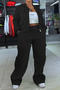 casual plus size slight stretch fleece sweatshirt multi-pocket pants set_Black