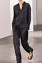 casual non-stretch beaded embroidery lapel pants sets_Black