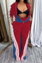 casual plus size slight stretch contrast color zip-up top high waist pants set_Black_Red
