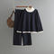 casual stretch contrast color loose knit wide-leg pants two-piece set_Black_Dark Blue