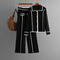 casual stretch knitted striped single-breasted cardigan high waist pants set_Black