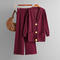 casual stretch metal buttons knitted mid-length cardigan high waist pants set_Black_Rose Red