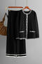 casual slight stretch striped knitted cardigan sweater wide-leg pants set_Black