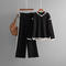 casual stretch contrast color knitted hooded slits sweater wide-leg pants set_Black