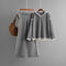 casual stretch contrast color knitted hooded slits sweater wide-leg pants set_Black_Gray
