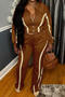 casual plus size slight stretch contrast color zip-up top straight pants set_Black_Dark Blue_Brown