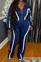 casual plus size slight stretch contrast color zip-up top straight pants set_Black_Dark Blue