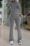 casual plus size slight stretch solid color slim fit hooded top flared pants set_Black_White_Gray