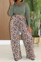 casual plus size stretch leopard print patchwork high-waist wide-leg pants set_Green