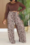 casual plus size stretch leopard print patchwork high-waist wide-leg pants set_Green_Reddish Brown