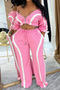 casual plus size slight stretch 6-colors contrast color striped pants set_Black_White_Pink